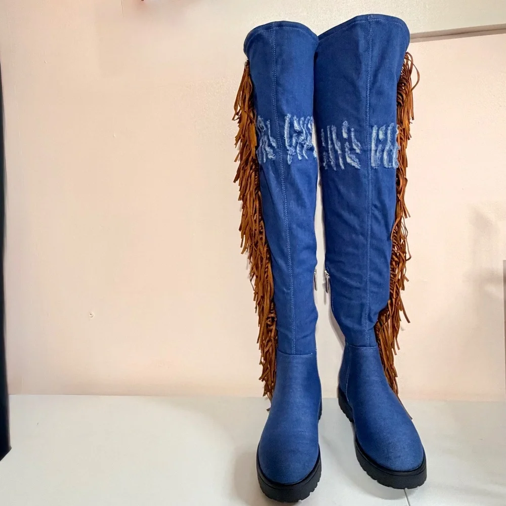 Cape Robbin Blue Denim Like Fabric Distressed Patches Fringe Detail OTK Boots